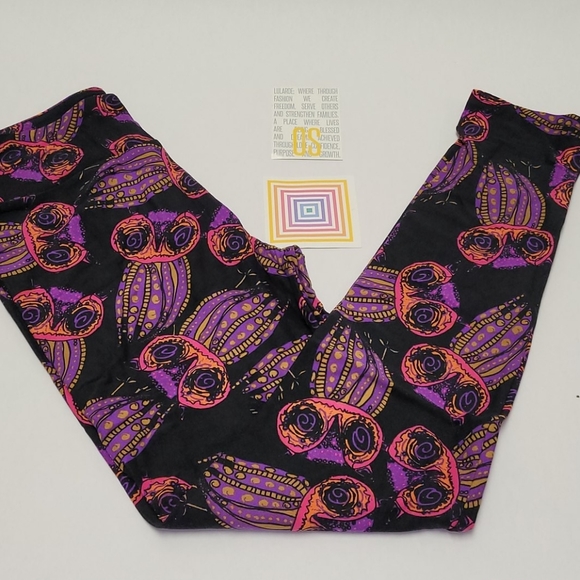 Lularoe Black Purple Owl Leggings OS - Picture 8 of 8